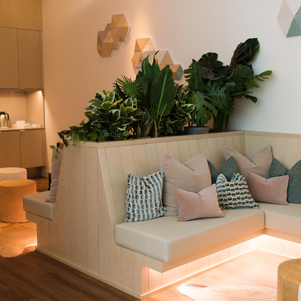 Modern living room with a sectional sofa, decorative pillows, and plants.