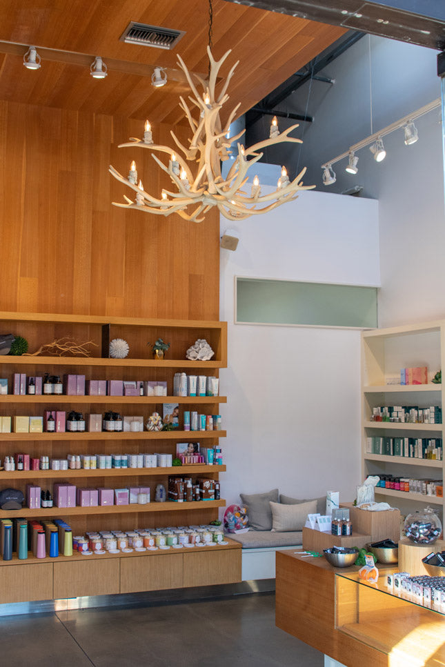 Interior of a store with wooden shelves, a chandelier, and a counter.