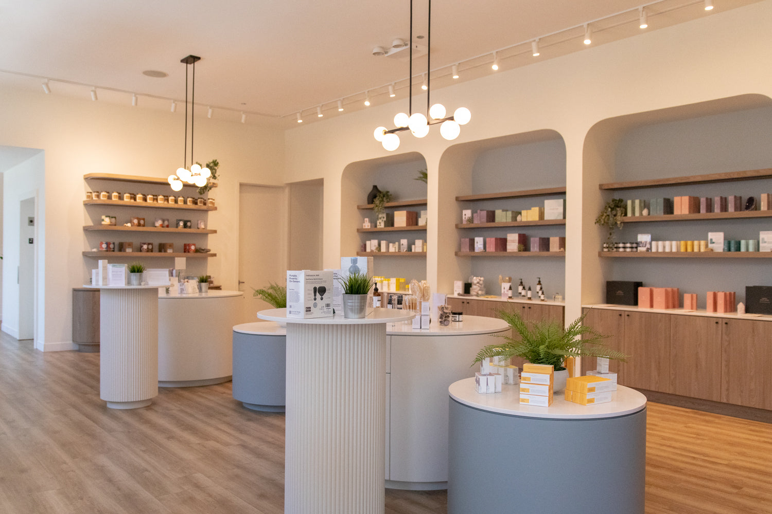 A bright, modern retail interior with curved white and blue display tables, built-in shelving, wood flooring, and multiple hanging pendant lights. No people or animals are present, and the scene appears to show the store layout rather than a single isolated product.