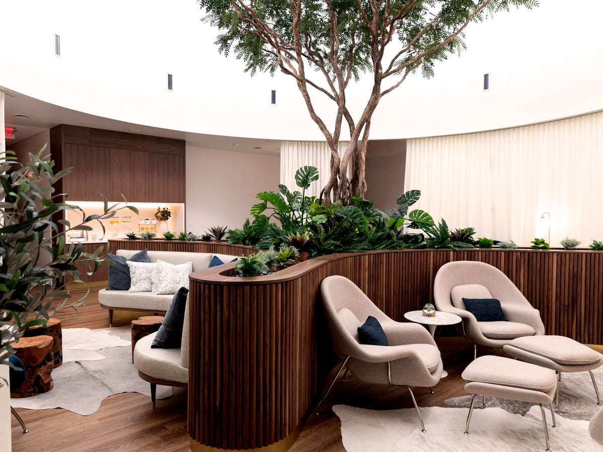Modern indoor lounge area with furniture and plants